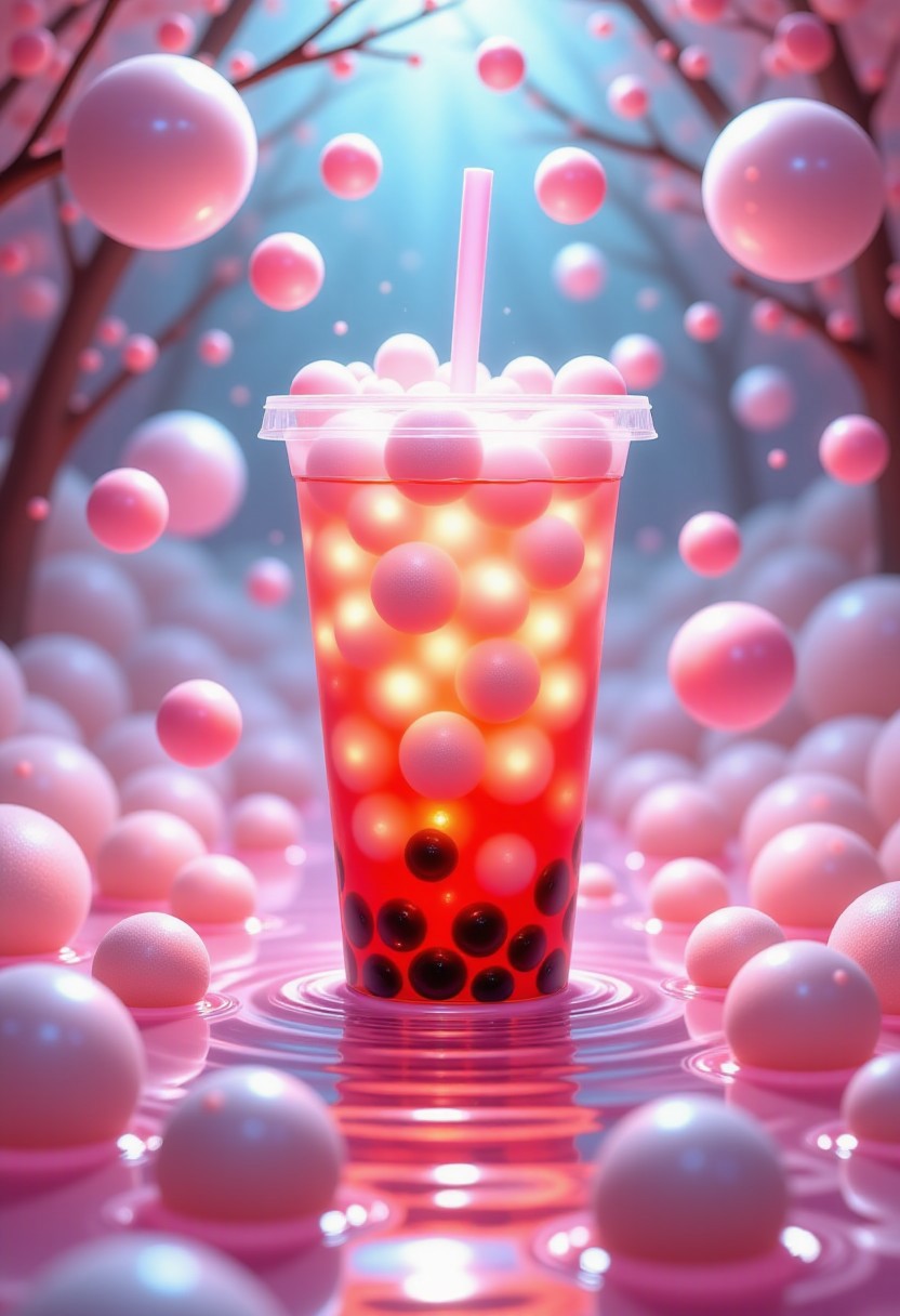 POV, floating in a zero-gravity bubble tea, oversized tapioca pearls suspended around, glowing pink liquid illuminated from below, surreal food fantasy environment
A mind-bending perspective where the viewer floats weightlessly inside a massive bubble tea drink. The tapioca pearls drift lazily, and the glowing liquid ripples as if existing in an alternate dimension.
,pinkhidreamfantasy