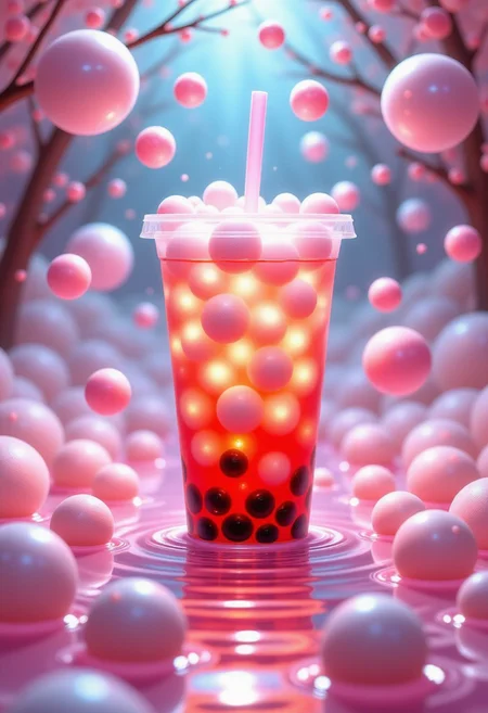 POV, floating in a zero-gravity bubble tea, oversized tapioca pearls suspended around, glowing pink liquid illuminated from below, surreal food fantasy environment
A mind-bending perspective where the viewer floats weightlessly inside a massive bubble tea drink. The tapioca pearls drift lazily, and the glowing liquid ripples as if existing in an alternate dimension.
,pinkhidreamfantasy