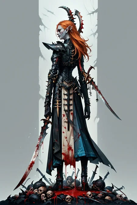 score_9, score_8_up, score_7_up, score_6_up, score_5_up, score_4_up, source_anime, <lora:aeldari_Pony_2:1> aeldari, drukhari, standart drukhari, full black drukhari's armor, 1girl, armor, blood, colored_skin, dagger, holding_sword, holding_weapon, jewelry, long_hair, sword, weapon, pale skin, ((black armor)), full body, Standing on a huge pile of bloody corpses of people