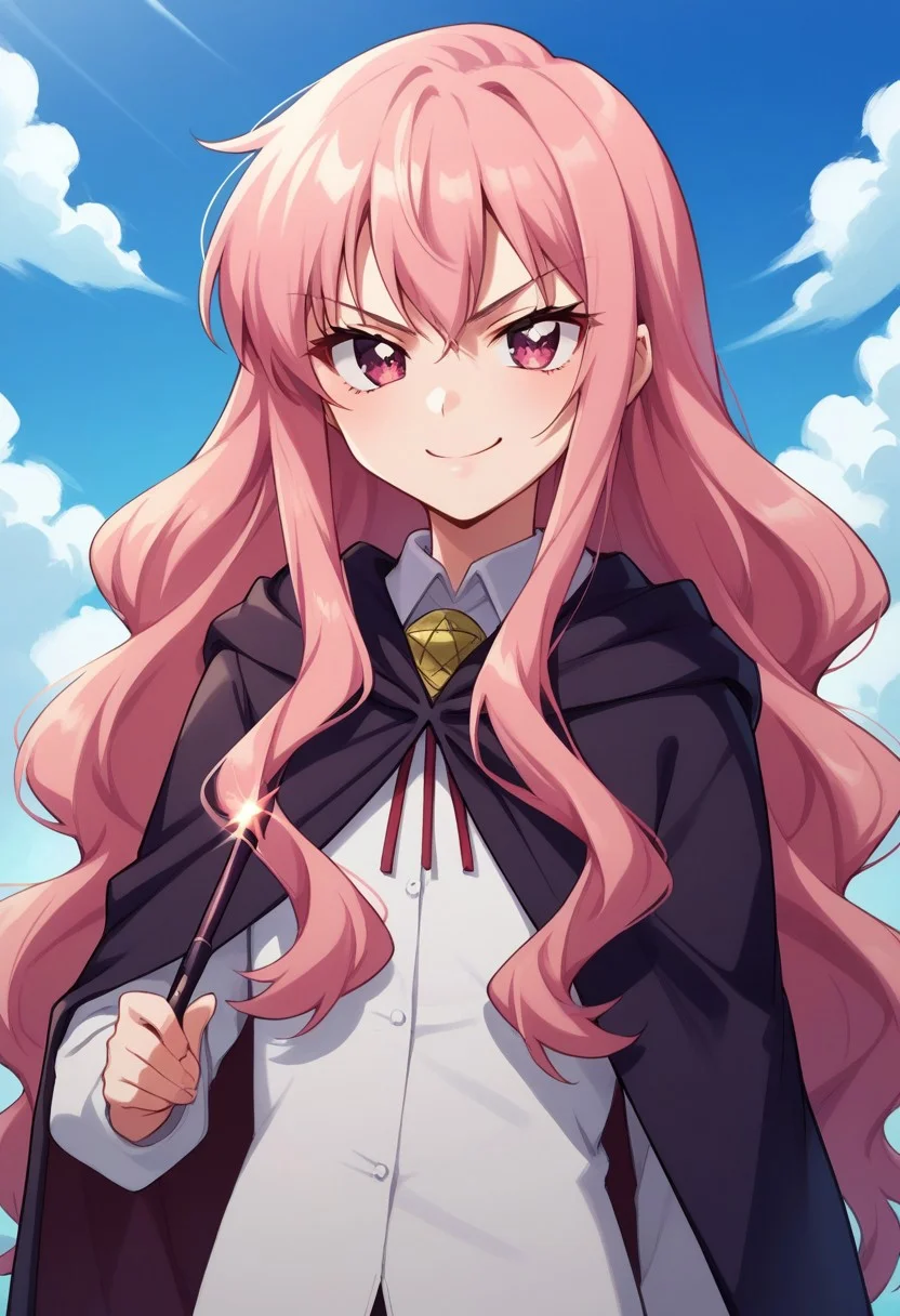 score_8_up, score_7_up, source_anime, highly detailed,
louisezero, 1girl, solo, long hair, pentacle, cape, pink hair, pink eyes, upper body, bolo tie, shirt, white shirt, hold, wand, magic wand, smirk,
outdoor, sky,