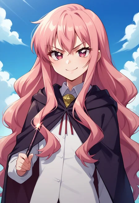 score_8_up, score_7_up, source_anime, highly detailed,
louisezero, 1girl, solo, long hair, pentacle, cape, pink hair, pink eyes, upper body, bolo tie, shirt, white shirt, hold, wand, magic wand, smirk,
outdoor, sky,