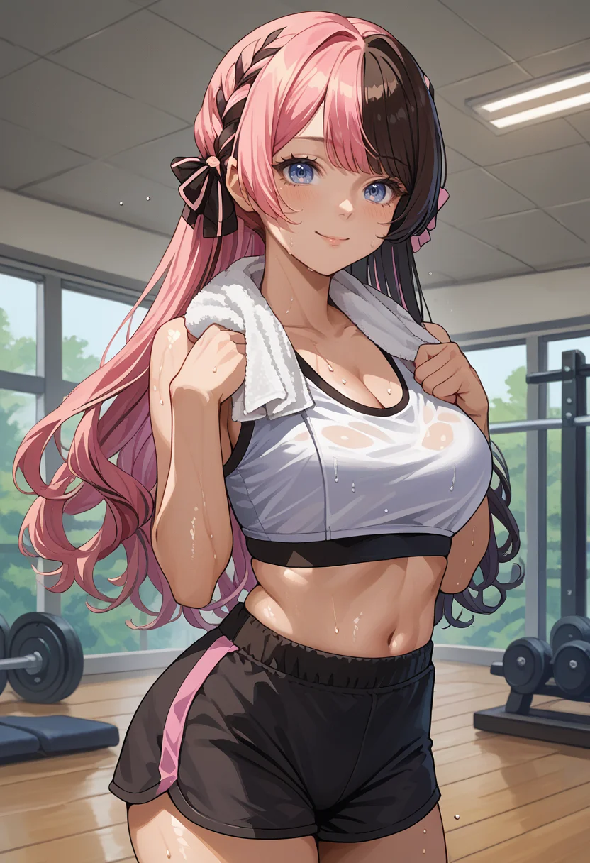 score_9, score_8_up, source_anime, 1girl, solo, TachibanaHinano, two-tone hair, long hair, french braid, hair bow, sports bra black shorts, towel, sweat, indoors, gym, smile, <lora:ChamTachibanaHinanoPonyXL:1>