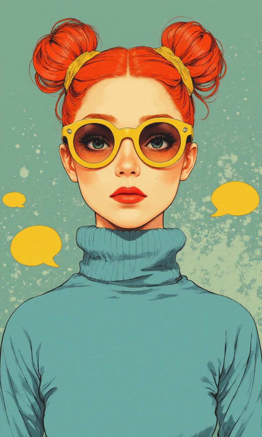 The image is a stylized portrait of a young woman, presented from the chest up. The art style is reminiscent of pop art, with bold outlines and flat areas of color. The coloring uses strong, contrasting colors; the background is a muted teal or blue-green, speckled with small, lighter dots. The subject has light skin; she has her hair styled in two high buns or space buns, the buns are a reddish-orange color, and her hair is a light blue color. She wears large, round sunglasses, which are yellow; her lips are painted a bright red. She is wearing a high-necked, light blue sweater or turtleneck. There are also small speech bubbles depicted on either side of her head; they are both yellow. The lighting is even across the image. Body pose is a fairly frontal view, centered in the frame; her expression is serious and neutral, and her shoulders are relaxed., <lora:FLUX-daubrez-DB4RZ-v2:0.3> DB4RZ, DB4RZ style painting
<lora:aidmaRealisticSkin:0.8> aidmarealisticskin