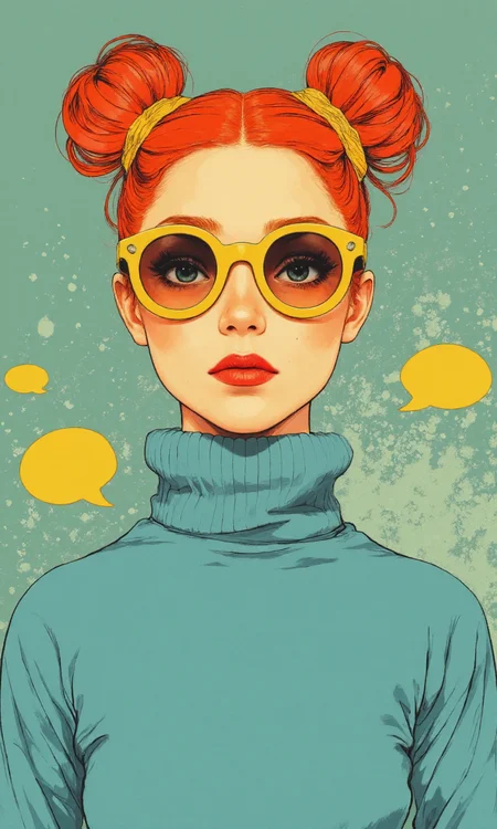 The image is a stylized portrait of a young woman, presented from the chest up. The art style is reminiscent of pop art, with bold outlines and flat areas of color. The coloring uses strong, contrasting colors; the background is a muted teal or blue-green, speckled with small, lighter dots. The subject has light skin; she has her hair styled in two high buns or space buns, the buns are a reddish-orange color, and her hair is a light blue color. She wears large, round sunglasses, which are yellow; her lips are painted a bright red. She is wearing a high-necked, light blue sweater or turtleneck. There are also small speech bubbles depicted on either side of her head; they are both yellow. The lighting is even across the image. Body pose is a fairly frontal view, centered in the frame; her expression is serious and neutral, and her shoulders are relaxed., <lora:FLUX-daubrez-DB4RZ-v2:0.3> DB4RZ, DB4RZ style painting
<lora:aidmaRealisticSkin:0.8> aidmarealisticskin