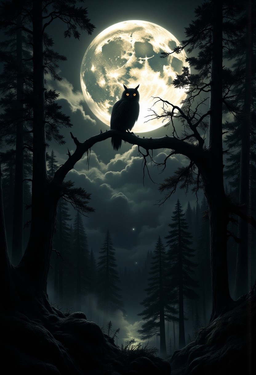A dark, eerie nighttime forest scene illuminated by the soft glow of a massive full moon. The silhouette of an owl perches on a gnarled tree branch in the foreground, its shape distinct against the bright, textured moon. Surrounding the owl, tall pine trees fade into the shadowy distance, creating a mysterious and atmospheric vibe. Clouds partially obscure the moon, adding depth and intrigue to the scene. The color palette emphasizes deep blacks, greys, and the pale yellow glow of the moonlight, perfect for a haunting yet beautiful composition.
 <lora:CPA:0.5> <lora:FLUX-daubrez-DB4RZ-v2:0.3> <lora:ck-shadow-circuit:0.35> in the style of cksc, <lora:Ethereal Brush Anime v2.0:0.3> <lora:It's a LoRA for portraits, BUT! actually specialized in backgrounds. v1.0:0.15> <lora:Dark_and_sentimental:0.8> <lora:dreadmirth-style-art:0.5> dreadmirthart