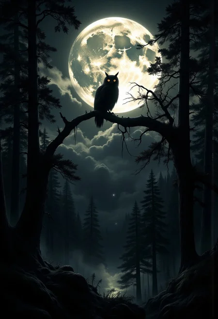 A dark, eerie nighttime forest scene illuminated by the soft glow of a massive full moon. The silhouette of an owl perches on a gnarled tree branch in the foreground, its shape distinct against the bright, textured moon. Surrounding the owl, tall pine trees fade into the shadowy distance, creating a mysterious and atmospheric vibe. Clouds partially obscure the moon, adding depth and intrigue to the scene. The color palette emphasizes deep blacks, greys, and the pale yellow glow of the moonlight, perfect for a haunting yet beautiful composition.
<lora:CPA:0.5> <lora:FLUX-daubrez-DB4RZ-v2:0.3> <lora:ck-shadow-circuit:0.35> in the style of cksc, <lora:Ethereal Brush Anime v2.0:0.3> <lora:It's a LoRA for portraits, BUT! actually specialized in backgrounds. v1.0:0.15> <lora:Dark_and_sentimental:0.8> <lora:dreadmirth-style-art:0.5> dreadmirthart