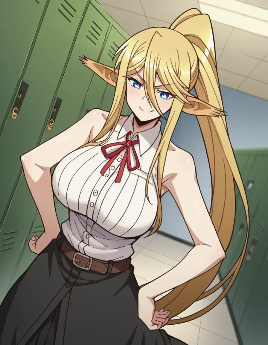 score_9, score_8_up, score_7_up, source_anime, <lora:centorea-shianus-s1-ponyxl-lora-nochekaiser:1>, centorea shianus, long hair, blue eyes, blonde hair, large breasts, animal ears, very long hair, tail, ponytail, pointy ears, huge breasts, horse ears, monster girl, horse tail, taur, centaur, sleeveless, shirt, white shirt, collared shirt, ribbon, red ribbon, belt, school hallway, lockers, between classes, everyday life, smile, , smug, hand on hips,, solo,, dutch angle,