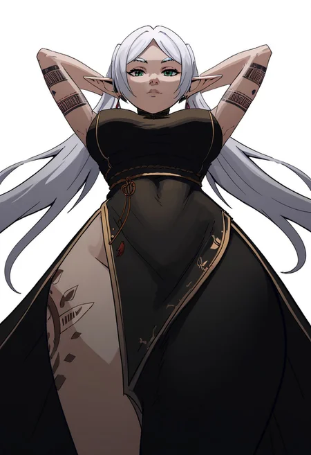 score_9, score_8_up, score_7_up, score_6_up, NCSTL, dynamic view, hentai, ultra-detailed, ... 1girl, solo, female focus, expressiveh, (frieren), (perfect slender body), (pointy ears), large breasts, closed mouth, thick lips, bangs, (incredibly sexy), sexy pose, pose, ((tattoos)), ... (((black Qipao))), laying, ((on back)), below view, eyes wide, looking at viewer, hips, together knees, (hands behind head), ... ((white flat background))