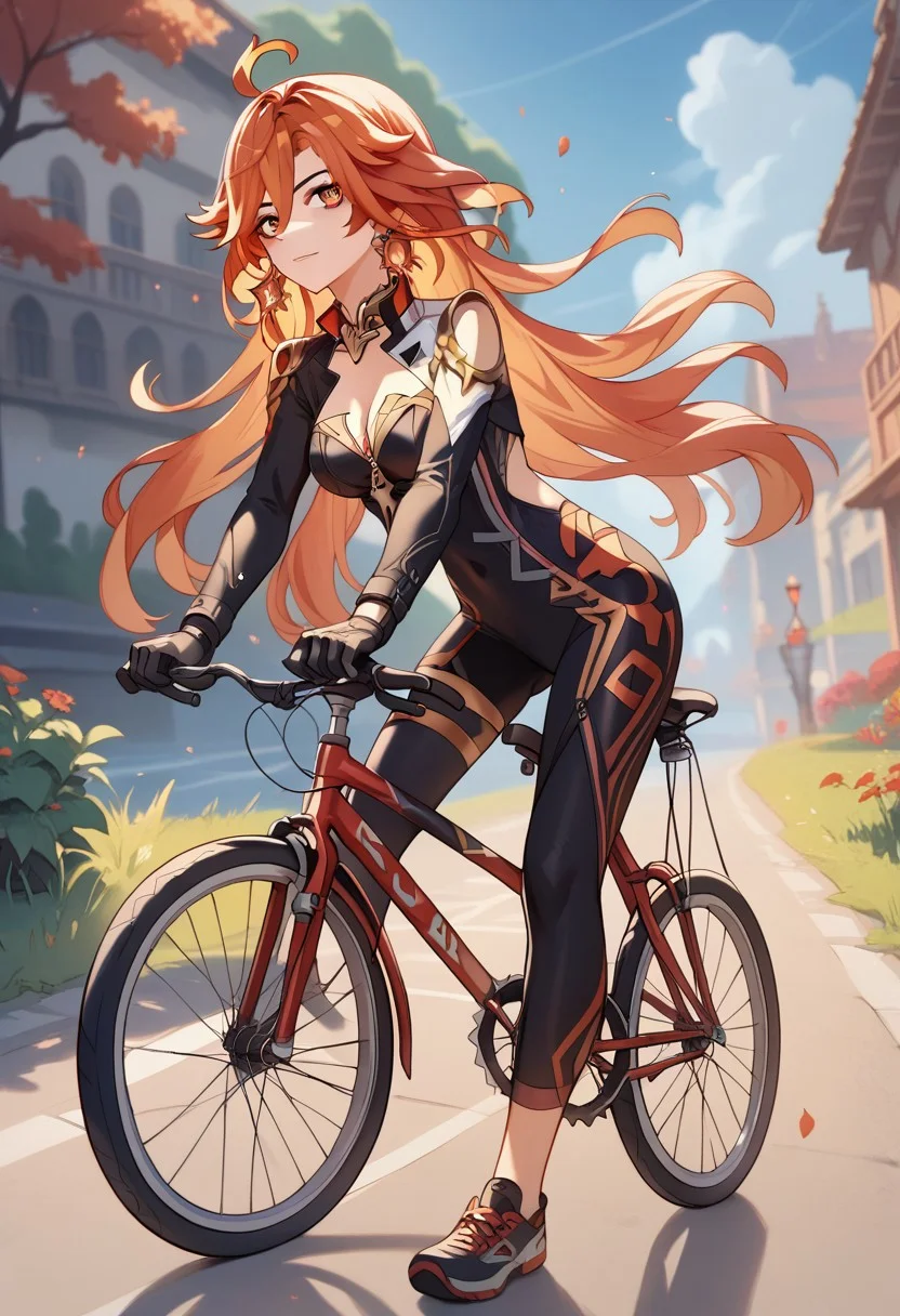 score_9_up, score_8_up, score_7_up, extreamly detailed, beautiful detailed face, complex detailed background, 1girl, BREAK, MAVUIKA (GENSHIN IMPACT), bicycle, cycling clothing, cycling