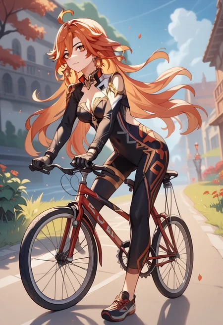 score_9_up, score_8_up, score_7_up, extreamly detailed, beautiful detailed face, complex detailed background, 1girl, BREAK,  MAVUIKA (GENSHIN IMPACT), bicycle, cycling clothing, cycling