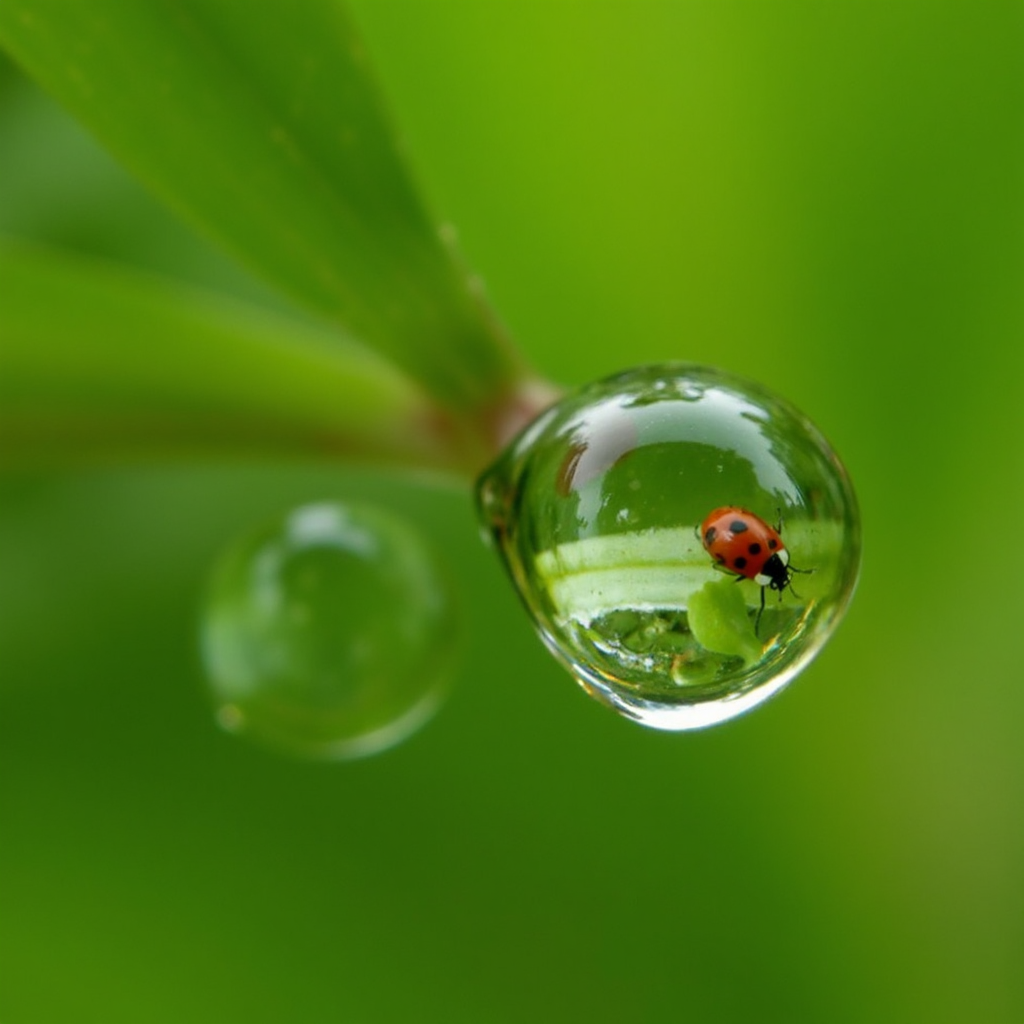 Photography macro ultra-close up of a water droplet on a leaf. Through the drop let, you can see a very distorted image of a lady bug. Very blurry background, depth of field, bokeh <lora:refraction-000111:1>