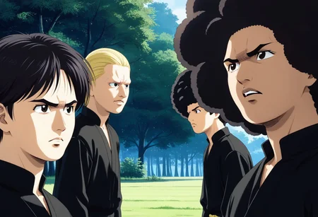 detailed background,
<lora:cromartie.pony:1>,
cromartie, 3 boys,
shade face,((french cook clothes)),nose grasses,okamochi, grasses,protruding afro hair