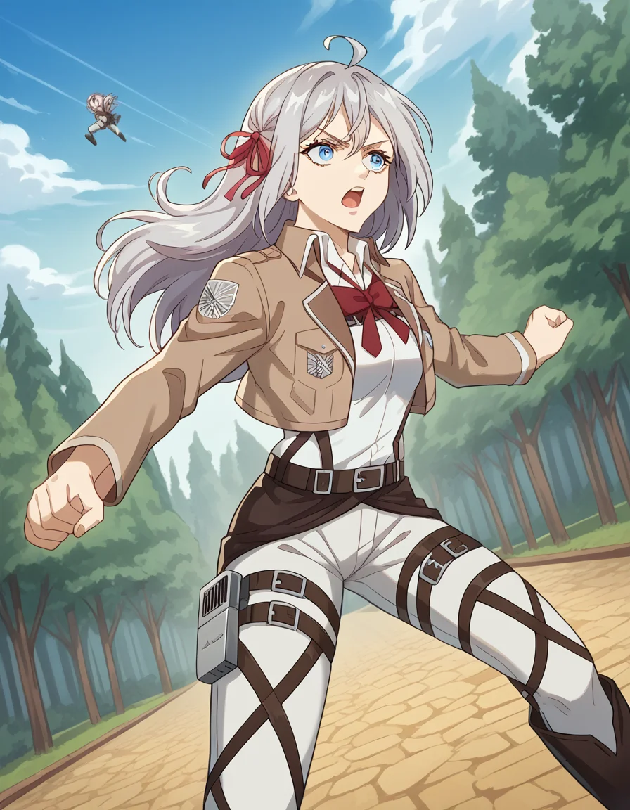 score_9, score_8_up, score_7_up, source_anime, alisamikhailovnakujou, <lora:alisa-mikhailovna-kujou-alpha-ponyxl-lora-nochekaiser:1>, alisa mikhailovna kujou, long hair, bangs, blue eyes, hair ribbon, ahoge, grey hair, red ribbon,, <lora:paradis-military-uniform-ponyxl-lora-nochekaiser:1>, paradis military uniform, belt, cloack, cropped jacket, emblem, green cloak, jacket, long sleeves, pants, shirt, thigh strap, uniform, white pants, white shirt, brown jacket,, outdoors, forest, nature, fighting stance, open mouth, floating, flying,, cowboy shot, dutch angle, solo,