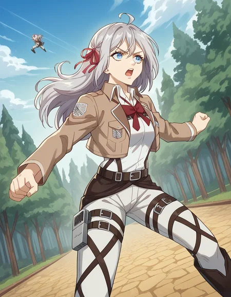 score_9, score_8_up, score_7_up, source_anime, alisamikhailovnakujou, <lora:alisa-mikhailovna-kujou-alpha-ponyxl-lora-nochekaiser:1>, alisa mikhailovna kujou, long hair, bangs, blue eyes, hair ribbon, ahoge, grey hair, red ribbon,, <lora:paradis-military-uniform-ponyxl-lora-nochekaiser:1>, paradis military uniform, belt, cloack, cropped jacket, emblem, green cloak, jacket, long sleeves, pants, shirt, thigh strap, uniform, white pants, white shirt, brown jacket,, outdoors, forest, nature, fighting stance, open mouth, floating, flying,, cowboy shot, dutch angle, solo,