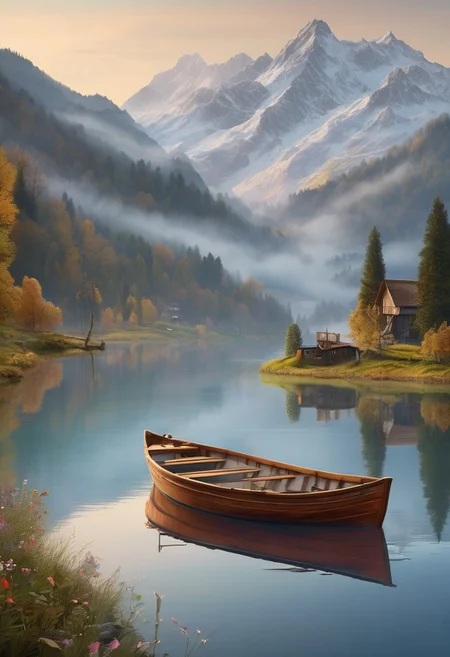 8k breathtaking view of a Boat on the waterside, Swiss alp, mountain lake, milky haze, morning lake mist, masterpiece, award-winning, professional, highly detailed in yvonne coomber style, undefined, snow, mist,  in the distance, glowing eyes