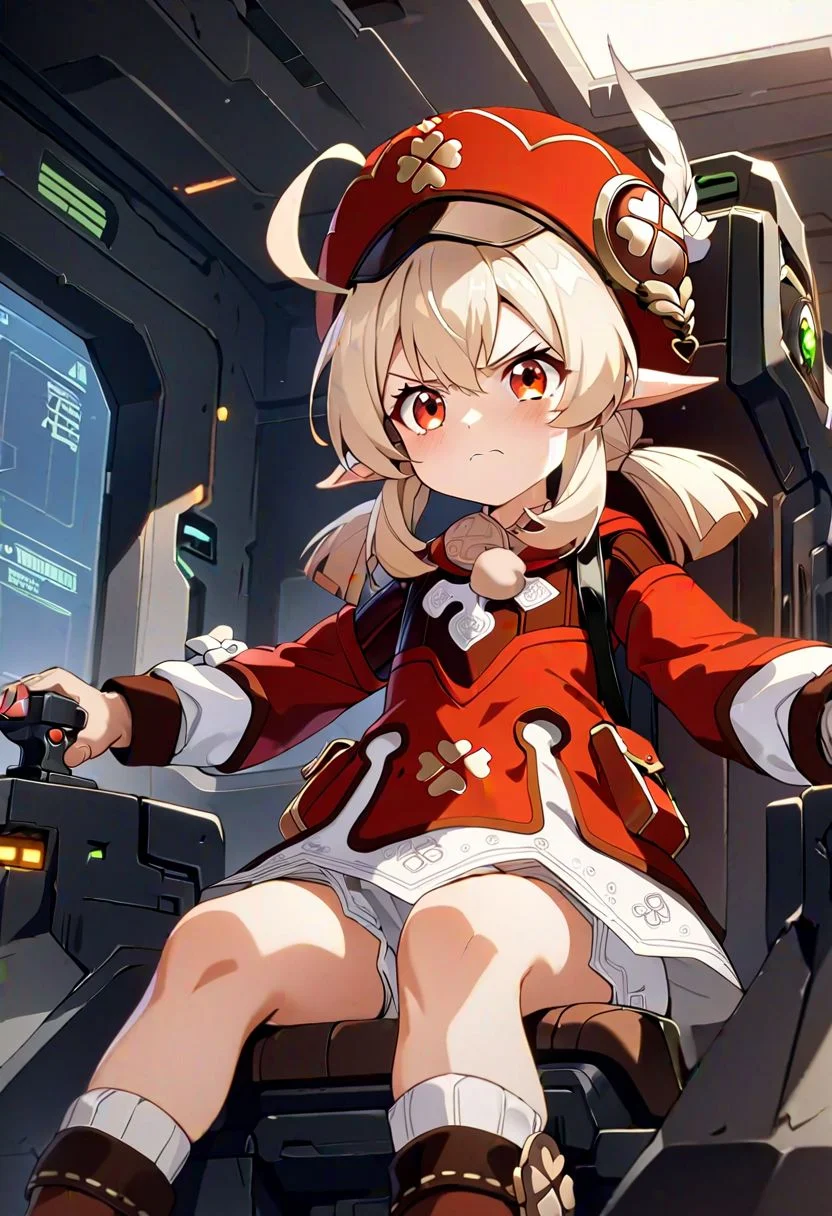 1girl, solo, klee_\(genshin_impact\), bangs, hat_bow, orange_eyes, light_brown_hair, ahoge,low_twintails, hair_between_eyes, ,pointy_ears, ribbon, angry face,gundamwingcockpit, joystick,seatbelt,sitting, masterpiece, best quality, ultra detailed, highres,4k,(ultra-detailed:1.4) (illustration:0.5), (ray tracing,:0.8),(anime colored:0.7),(ai-generated:0.5),