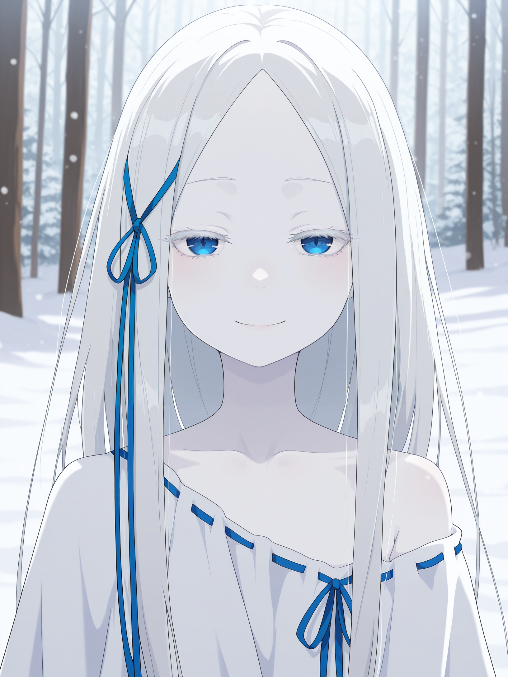 <lora:Pandora Illu:1>p4ndora, white hair, blue eyes, colored eyelashes, parted bangs, pale skin, 
blue ribbon, long hair ribbon, w1tchdress, ribbon-trimmed dress, shoulder slip, 
snow, forest, depth of field,  closed smile, looking at viewer, 
portrait,, masterpiece, best quality, amazing quality