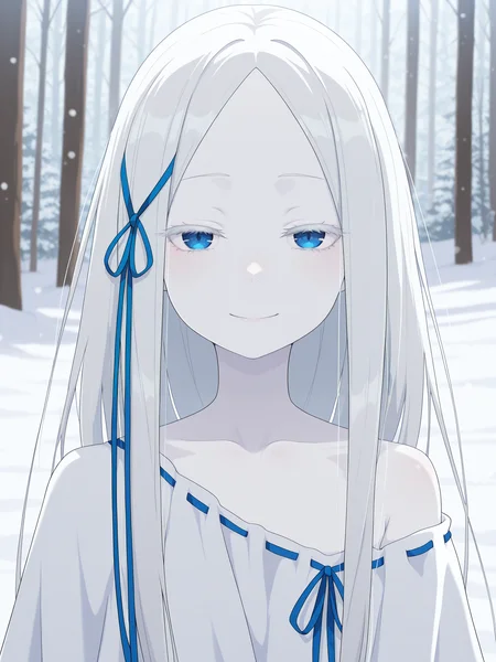 <lora:Pandora Illu:1>p4ndora, white hair, blue eyes, colored eyelashes, parted bangs, pale skin,
blue ribbon, long hair ribbon, w1tchdress, ribbon-trimmed dress, shoulder slip,
snow, forest, depth of field, closed smile, looking at viewer,
portrait,, masterpiece, best quality, amazing quality