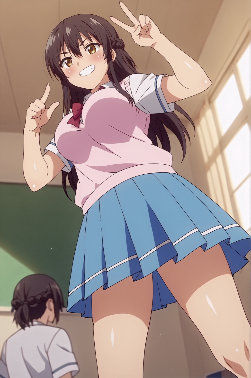 score_9, score_8_up, score_7_up,anime_source, source_anime, best background, detailed background, anime screencap,  Shibasaki Yuri, Student Uniform, indoors, blush, dynamic angle, dynamic pose, grin, v fingers, victory fingers, from below, <lora:JN_Shibasaki_Yuri:0.8>