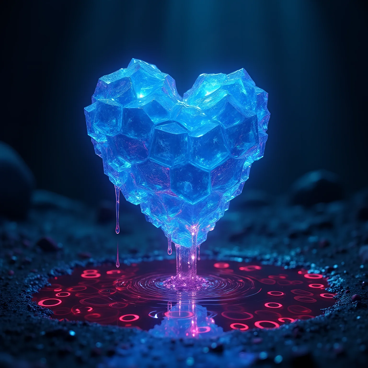 In a dark deep dungeon, a digital blue hearth made of fractal crystal cubes is melting over a glowing pool of digital blood "0" and "1", dramatic lighting, light refraction reflection, neon lighting emanating from the hearth, surrealist scene, very detailed
