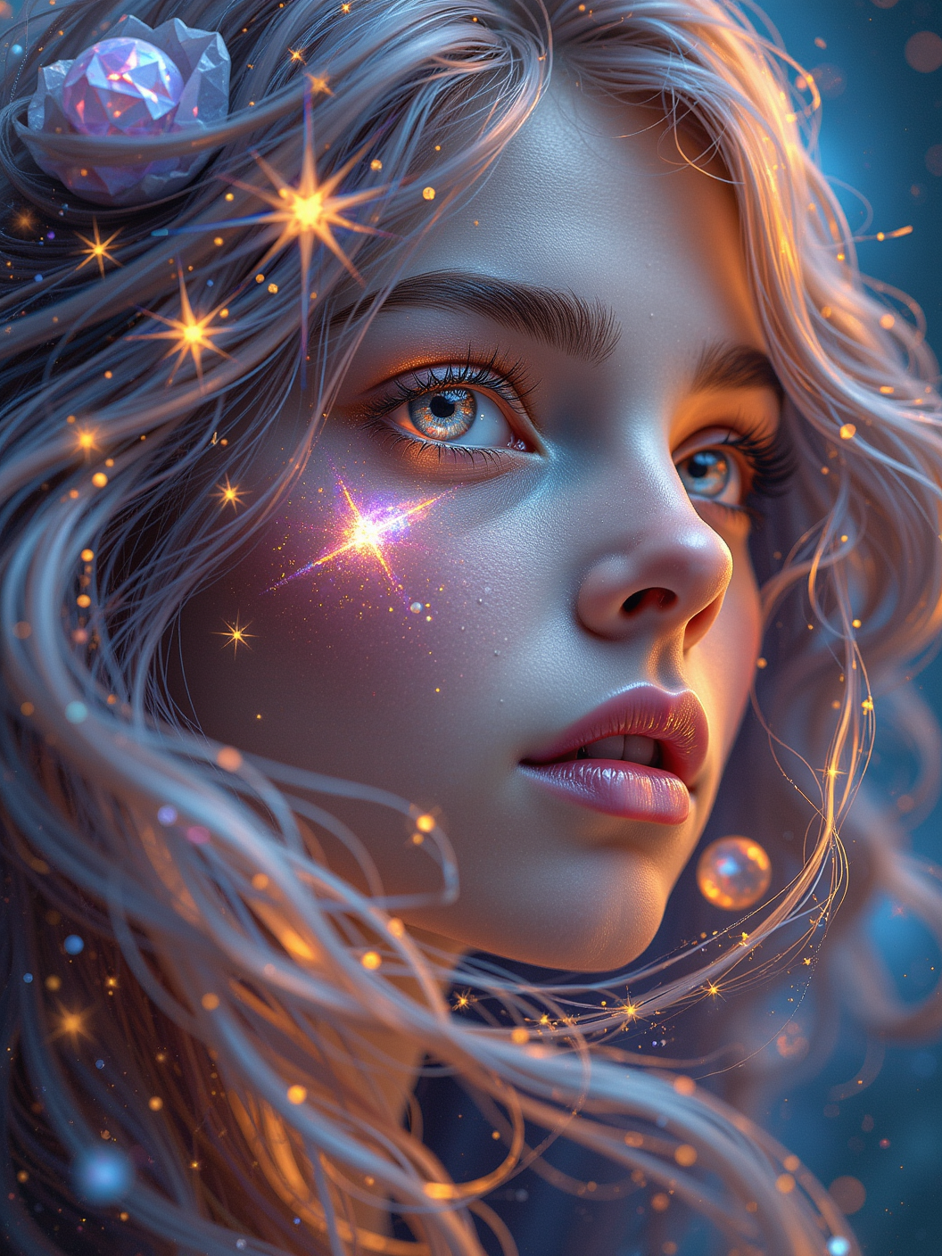 Surreal star princess closeup, her features partially blending into the surrounding cosmos, star crystals orbiting her in irregular, dreamlike patterns. The crystals glow with strange, shifting colors, casting ethereal light across her face. Her hair, made of flowing stardust, drifts into the nebula-filled background, creating a mesmerizing and abstract effect, blending the boundaries of reality and dream.

