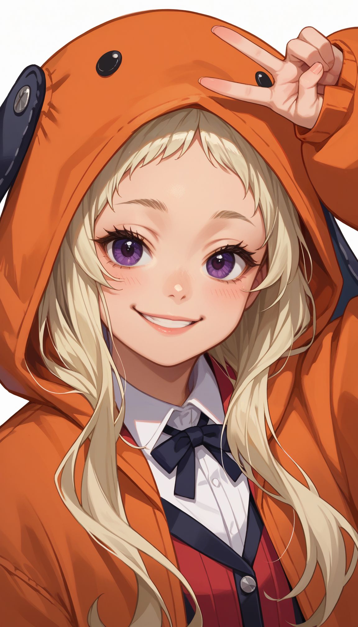 score_9, score_8_up, score_7_up, source_anime, 1girl,  close portrait, face focus, V sign, smile, upper body, , <lora:Runa new 2:0.8> Runa, blonde hair, purple eyes, orange hooded jacket, white shirt, animal hood, red blazer , pleated skirt, striped thighhighs