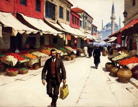 A Cornwall painting of a British man, walking  in a market place in Istanbul in 1921, looking for something special <lora:DCornwall-000005:1>