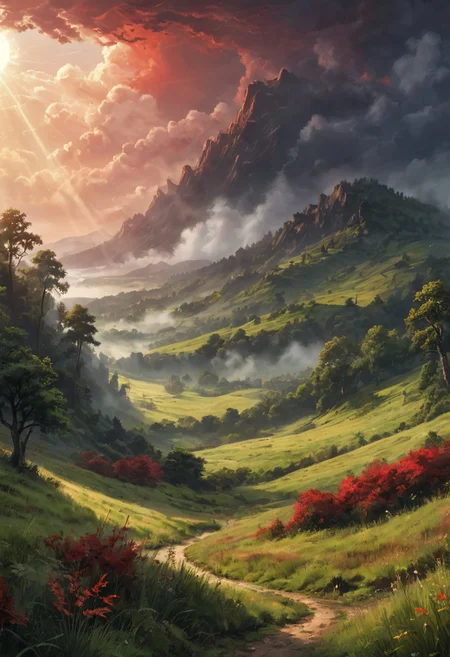 close view on lush forest, morning, slight fog, sunrays, grass, (hills), (clouds), very busy sky, storm, dim fog, atmospheric, (red glow), romantic impressionism, absurdres, scenery art, matte painting, romantic, beautiful digital painting, anime landscape, romantic painting, paintlike, dreamy,