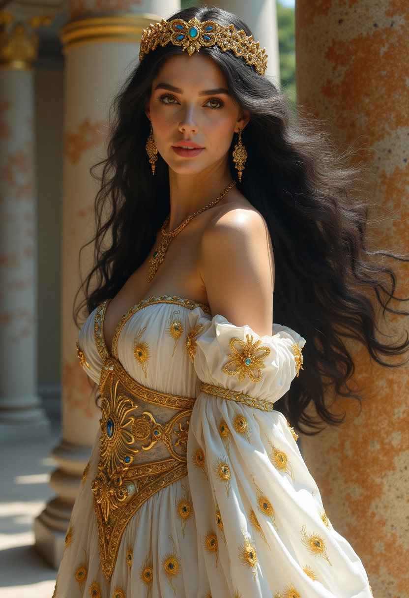 style of Rembrandt and Heather Theurer , chest up portrait, close up, fantasy setting, Beautiful goddess, regal, serene, wearing an exquisite white and gold gown with intricate peacock feather patterns, golden diadem, long flowing dark hair, divine presence, grand marble temple with towering columns, ornate frescoes, soft divine light, atmosphere of reverence and awe, vibrant colors, realism with a touch of mythology