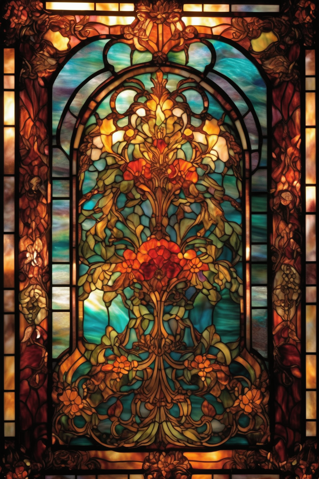 <lora:Louis Comfort Tiffany Style:1>Louis Comfort Tiffany Style - Let the opulence of the Victorian era inspire a stained glass window that's rich in detail and color. Incorporate patterns reminiscent of damask fabrics, intricate floral motifs, and vibrant jewel tones. As you journey through the design process, consider how the light will interact with these elements to create a sense of timeless elegance and grandeur in your space.