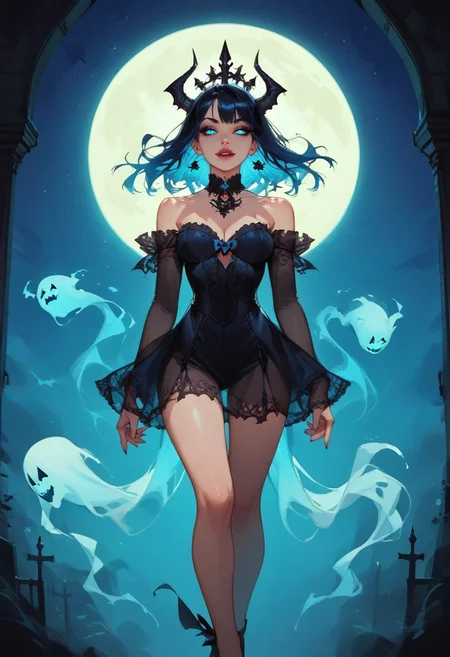 score_9, score_8_up, score_7_up, score_6_up, score_5_up, score_4_up,adult 30+, ghost girl, solo, transparent body, flying from top to bottom, hand to viewer, eyes glowing blue, gothic castle, dark lighting, halloween

