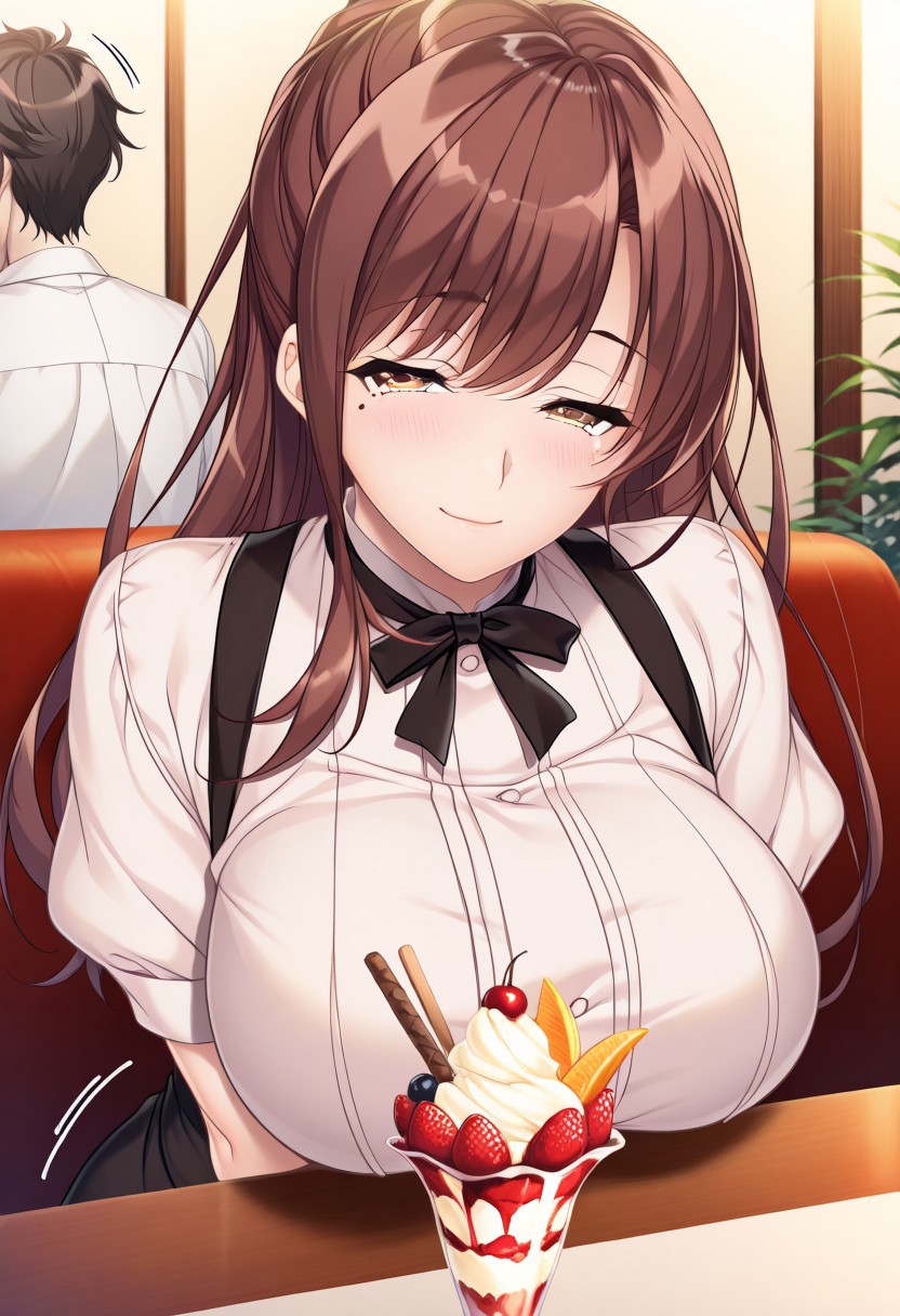 masterpiece, best quality, newest, highres, uncensored, 1girl, yokota mamoru style,1girl, slender face，motion lines,torogao,looking at the viewer,seductive smile,blush
Tachibana Iori,Brown Hair, Ponytail, Sidehair, Straight Hair, Waist Length Hair,Long Hair,Amber Eyes,Big Breasts, Mole, Slim
1girl, parfait, waitress, food, ice cream, long hair, brown hair, sundae, fruit, green eyes, dessert, 1boy, breasts, solo focus, large breasts, table