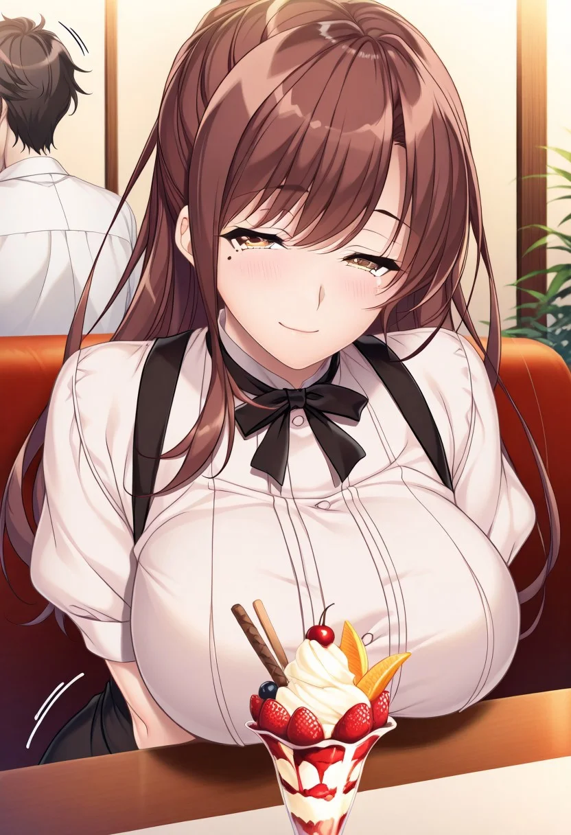 masterpiece, best quality, newest, highres, uncensored, 1girl, yokota mamoru style,1girl, slender face,motion lines,torogao,looking at the viewer,seductive smile,blush
Tachibana Iori,Brown Hair, Ponytail, Sidehair, Straight Hair, Waist Length Hair,Long Hair,Amber Eyes,Big Breasts, Mole, Slim
1girl, parfait, waitress, food, ice cream, long hair, brown hair, sundae, fruit, green eyes, dessert, 1boy, breasts, solo focus, large breasts, table