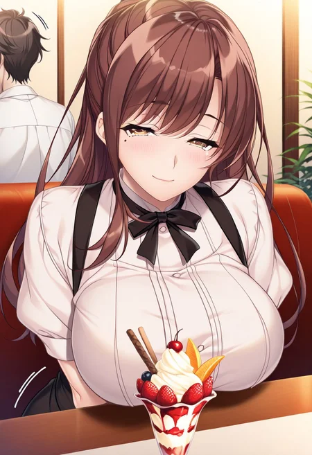 masterpiece, best quality, newest, highres, uncensored, 1girl, yokota mamoru style,1girl, slender face,motion lines,torogao,looking at the viewer,seductive smile,blush
Tachibana Iori,Brown Hair, Ponytail, Sidehair, Straight Hair, Waist Length Hair,Long Hair,Amber Eyes,Big Breasts, Mole, Slim
1girl, parfait, waitress, food, ice cream, long hair, brown hair, sundae, fruit, green eyes, dessert, 1boy, breasts, solo focus, large breasts, table