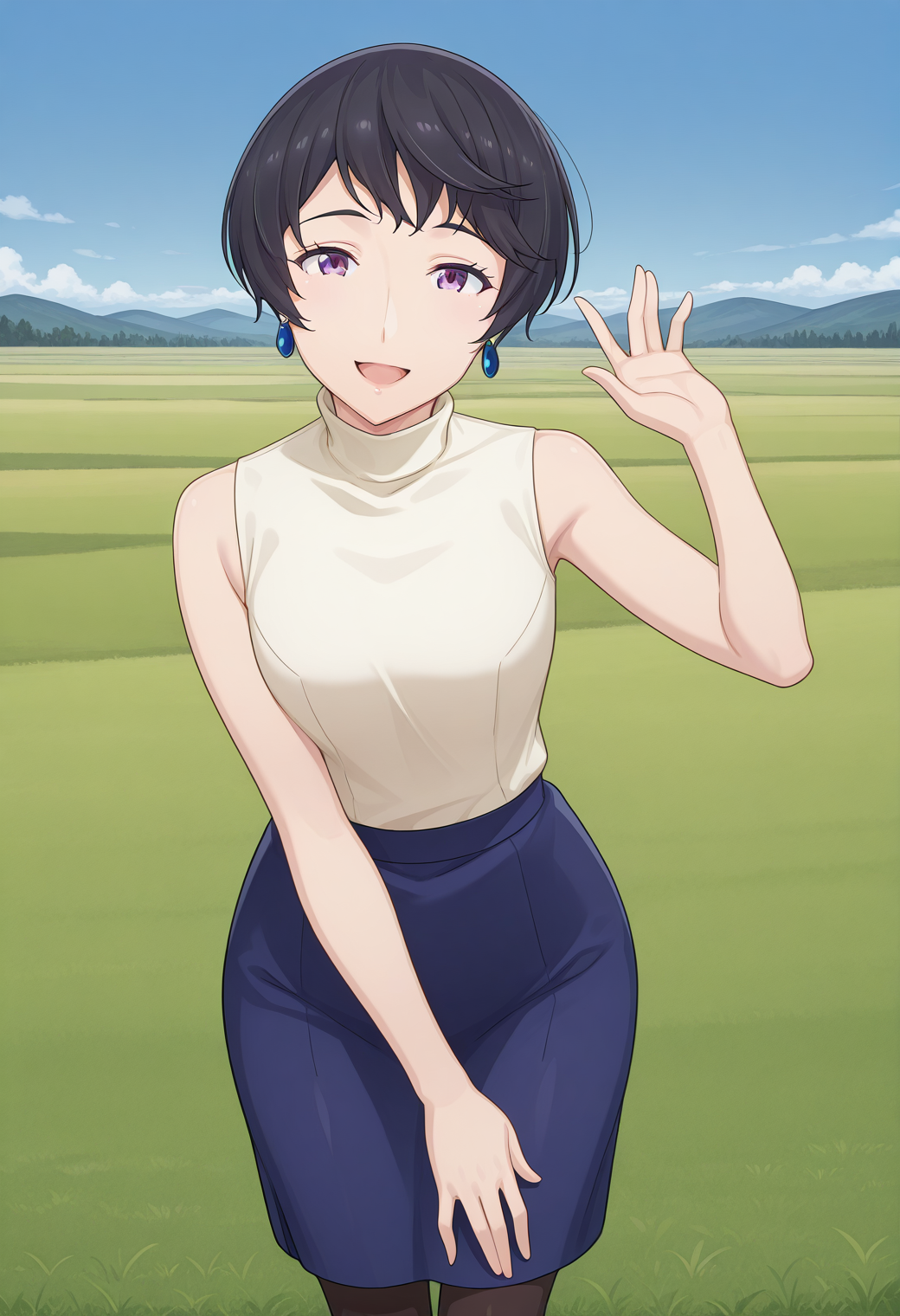 tantei1_reiko, purple eyes, black hair, short hair, earrings, jewelry, turtleneck, white shirt, sleeveless, bare arms, blue skirt, pantyhose, <lora:tantei1_reiko_illustrious_ver1:0.8>
smile, open mouth,, masterpiece, best quality, sensitive,, 1girl, solo, blue sky, (grasslands:1.2), looking at viewer,, (dynamic pose:1.4),