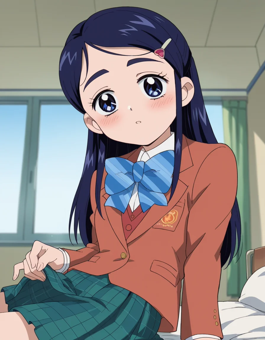 score_9, score_8_up, score_7_up, source_anime, <lora:honoka-yukishiro-anime-ponyxl-lora-nochekaiser:1>, honoka yukishiro, long hair, blue eyes, hair ornament, blue hair, hairclip,, skirt, bow, school uniform, jacket, bowtie, blue bow, blazer, brown jacket, plaid, plaid skirt, green skirt, red blazer,, indoors, bed, bed room, on side, blush, drunk, looking at viewer, solo,, cowboy shot, dutch angle