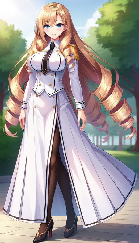 score_9,score_8_up,masterpiece,best quality,correct anatomy,anime_source,1girl,solo,perfect eyes,perfect arms,perfect legs,perfect face,outdoors,upper body,(portrait:1.5),looking at viewer,facing viewer,smile,blush,Stella Marisudia,very long hair,light brown hair,drill hair,hair over shoulder,sidelocks,hair between eyes,bangs,tsurime,blue eyes,uniform,black necktie,white jacket,white shirt,long sleeves,large breasts,long skirt,white skirt,side slit,black pantyhose,high heels,black footwear,<lora:Stella Marisudia(uq)-Pony:1.1>,