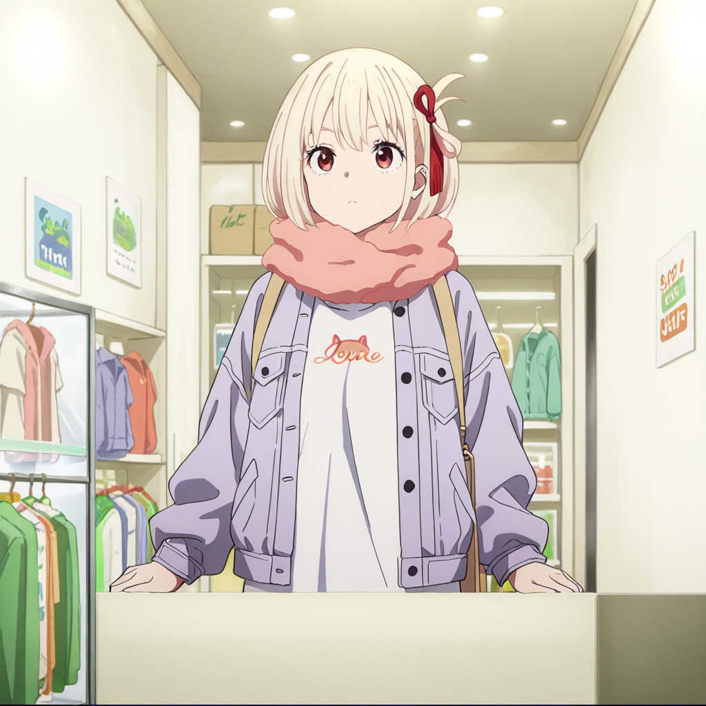 nsfw, masterpiece,best quality,amazing quality,1girl, solo, lycoris_recoil_chisato_nishikigi, blonde hair, scarf, pink scarf, red eyes, jacket, short hair, bangs, coat, indoors, bag, shirt, shop, white shirt, shopping, closed mouth, <lora:Chisato_Nishikigi_-_Lycoris_Recoil:0.7>