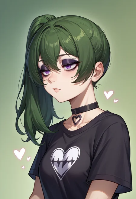score_9, score_8_up, source_anime, 1girl, solo, UbelFrieren, purple eyes, dark green hair, medium hair, side ponytail, black shirt, t-shirt, black choker, heart choker, goth, eyeliner, eyeshadow, <lora:CHAR-UbelPonyXL:1>
