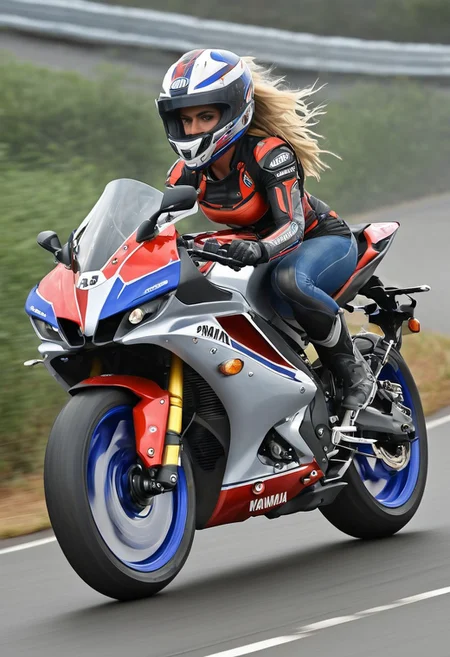 blonde girl riding a motorcycle, Yamaha r15, motorcycle, vehicle, vehicles, shot from three-quarter side, it is Biochemical, racing stripes, motion blur, going fast, masterpiece, deep focus, studio lighting, Splash Art, hyperdetailed, arcadian, spotlight, realistic, cinematic
