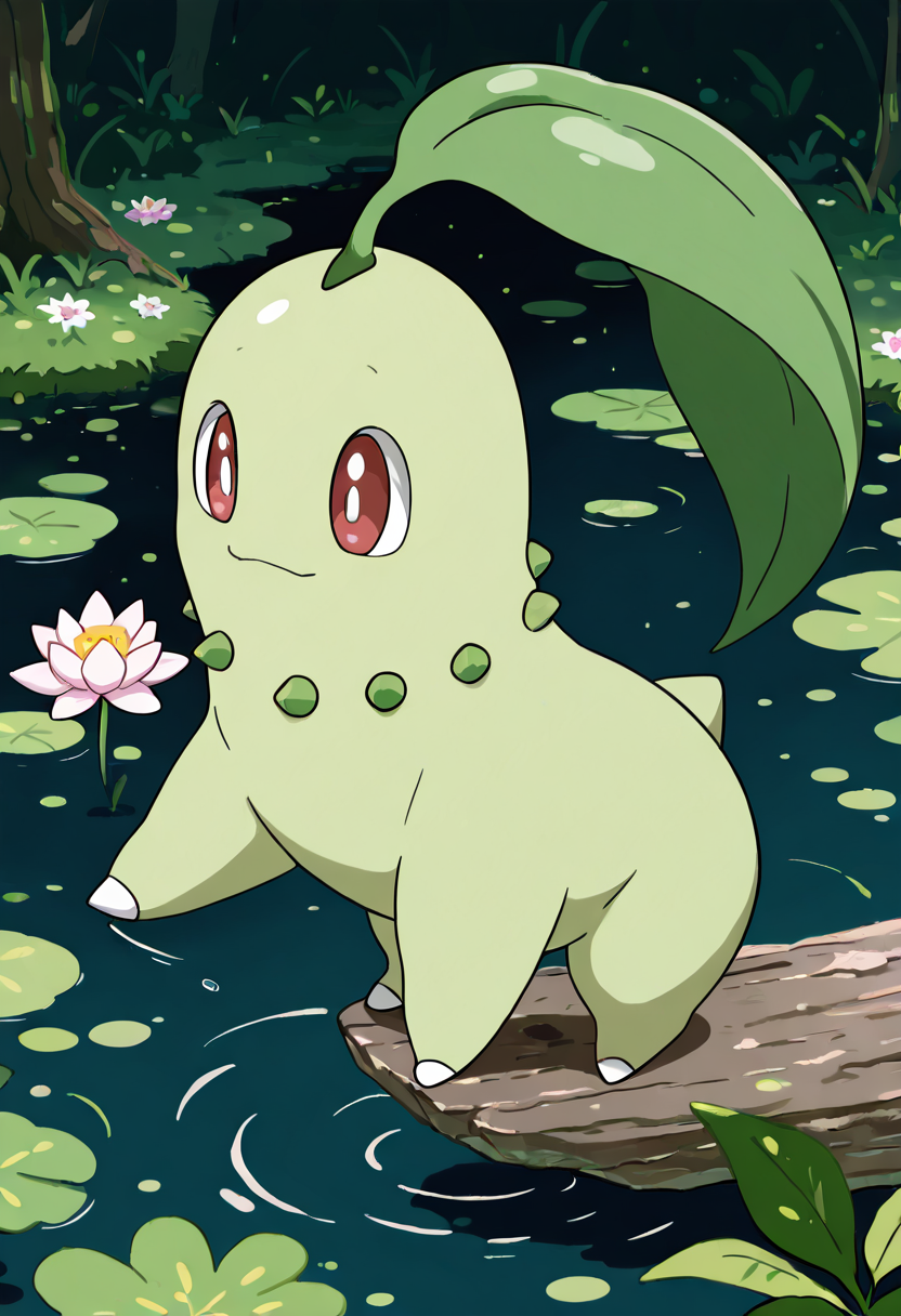 masterpiece, best quality, no humans, solo,    zzChikorita, perched at the edge of a pond, sending tiny ripples with its toe as it gazes at its reflection beside blooming lotus flowers.   ,<lora:ChikoritaPokedex_IXL:1.0>,