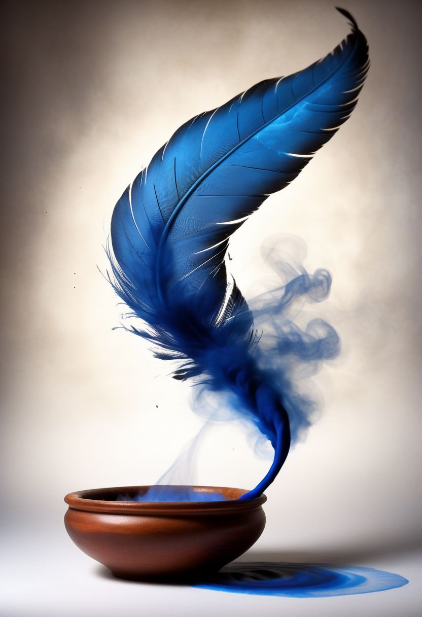 mysterious phoenix feather gliding through the air, feather dissolving into smoke, single drop of deep blue ink dropping from the tip of the feather into a half full ink pot while an old piece of aged paper scroll with beautiful writing and burning edges is hovering in the middle of it all, lightrays backlighting glorious feather, burning paper scroll dissoliving into smoke, lightrays backlighting smoke, fading blue red background, by Minjae Lee, Carne Griffiths, Emily Kell, Steve McCurry, Geoffroy Thoorens, Aaron Horkey, Jordan Grimmer, Greg Rutkowski, amazing depth, double exposure, surreal, geometric patterns, intricately detailed, bokeh,  perfect balanced, deep fine borders, artistic photorealism , smooth,  great masterwork by Suiras  <lora:add-detail-xl:2>  <lora:Double_Exposure:0.5>