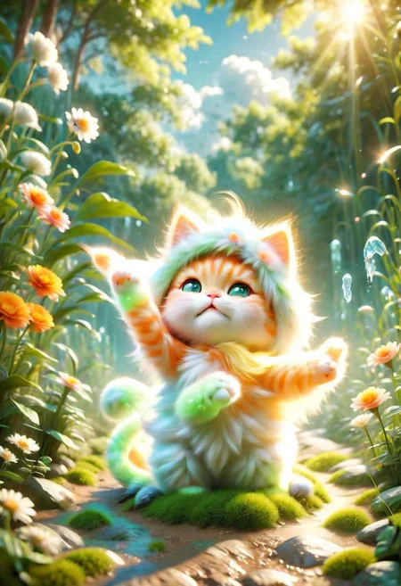 ral-fluff,<lora:ral-fluff:1>,
chibi,masterpiece,best quality,original,official art,cat, hat,flower,blurred background,rendering,beautiful detailed glow,(detailed ice),beautiful detailed sun,sunny, blurred flower, happy