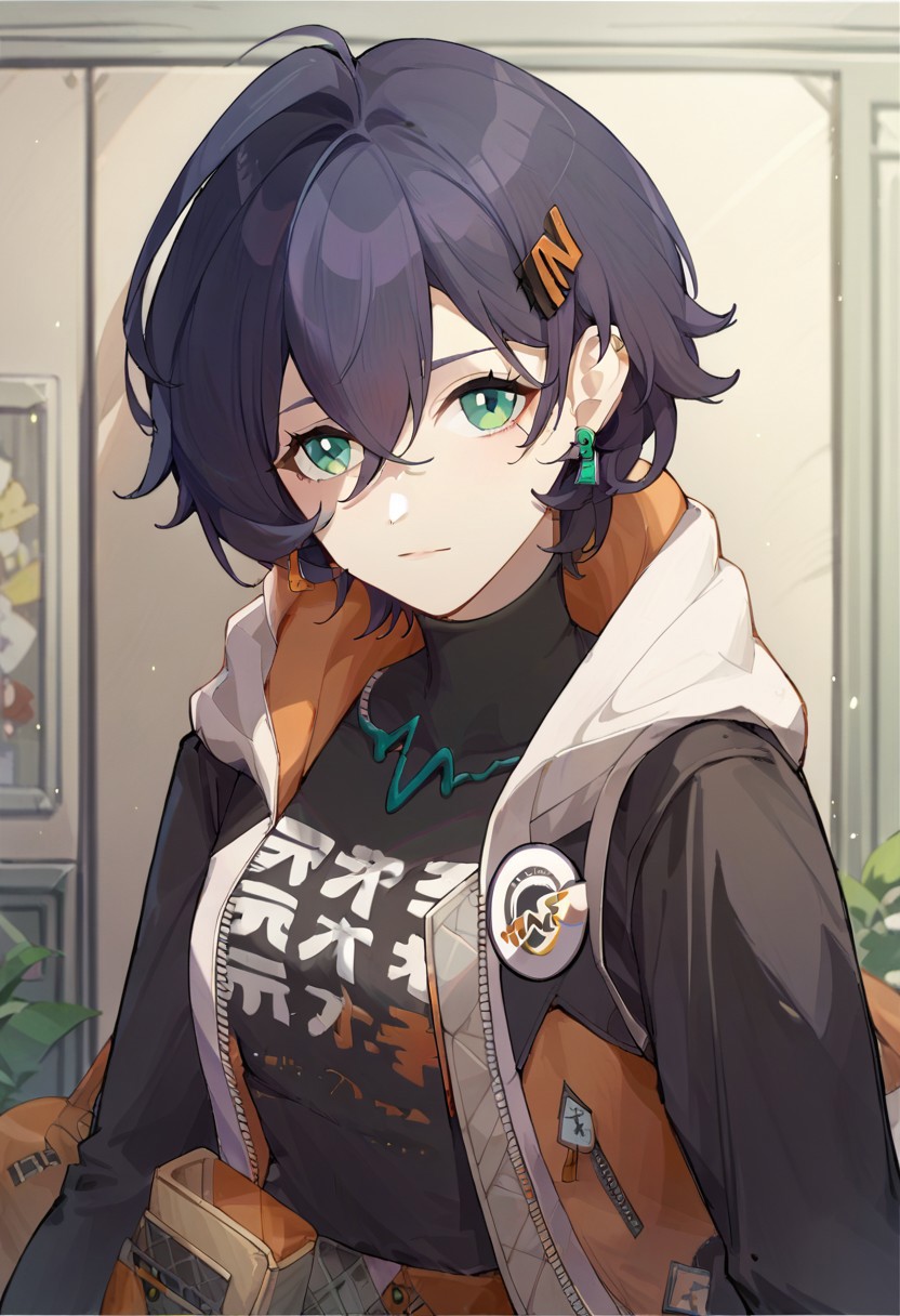 score_9, score_8_up, score_7_up, source_anime, belle \(zenless zone zero\), 1girl, solo, hairclip, looking at viewer, earrings, jewelry, shirt, black shirt, long sleeves, hooded jacket
