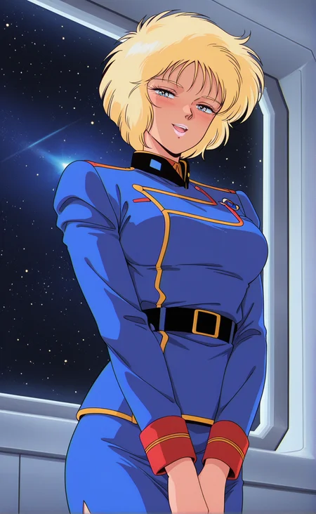 1girl,gndmzzemronc,retro artstyle,1980s (style),solo, blonde hair, short hair,eyelashes, blue eyes,medium breasts, lipstick, uniform, skirt,military uniform,blue jacket, belt, long sleeves, blue skirt,indoors,window,star \(symbol\),sky,space,looking at viewer,half-closed eyes ,from below,open mouth ,blush ,v arms ,,cowboy shot ,seductive smile , best quality,masterpiece,sensitive, <lora:GundamZZEmaryOunceNoobAI2:1>
