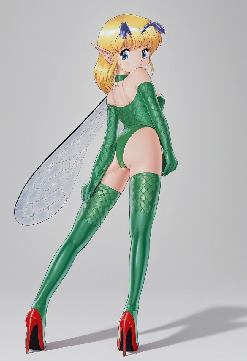 Retro art style, full body, miniature person, solo, Pfil, 1 girl, cute face, pointy ears, fairy, fairy wings, light eyes, highly detailed pupils, blonde hair, medium hair, insect antennae, black antennae, medium breasts, (red latex leotard, off the shoulder, cleavage, crotch zipper, elbow-length gloves, green leather gloves, lattice, crocodile skin, fingerless gloves, thigh-high stockings, green stockings, lattice, crocodile skin, red heels), from behind, ass, on all fours, turning to face viewer, shadow, simple background, white background