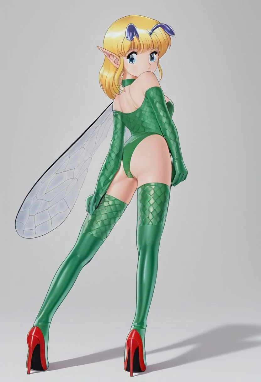 Retro art style, full body, miniature person, solo, Pfil, 1 girl, cute face, pointy ears, fairy, fairy wings, light eyes, highly detailed pupils, blonde hair, medium hair, insect antennae, black antennae, medium breasts, (red latex leotard, off the shoulder, cleavage, crotch zipper, elbow-length gloves, green leather gloves, lattice, crocodile skin, fingerless gloves, thigh-high stockings, green stockings, lattice, crocodile skin, red heels), from behind, ass, on all fours, turning to face viewer, shadow, simple background, white background