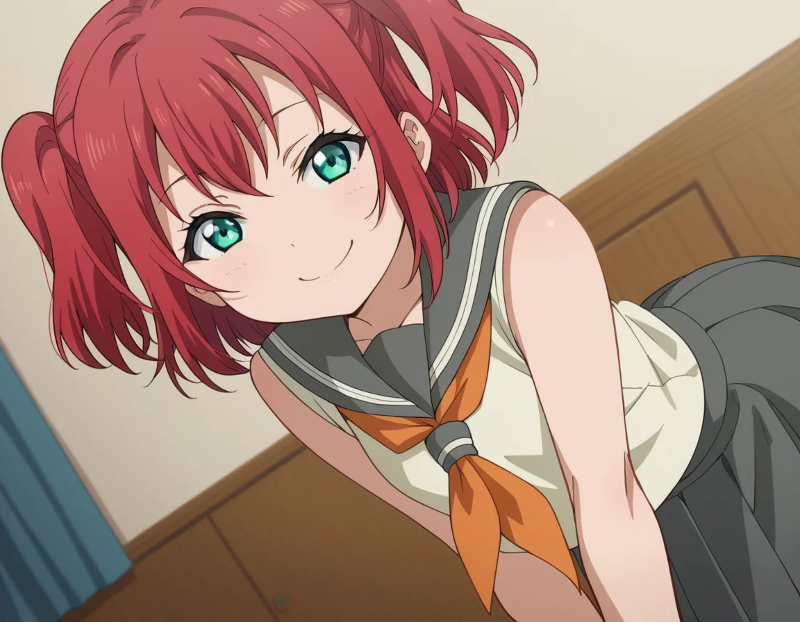 score_9, score_8_up, score_7_up, source_anime, <lora:ruby-kurosawa-s2-ponyxl-lora-nochekaiser:1>, ruby kurosawa, short hair, bangs, green eyes, red hair, aqua eyes, two side up,, shirt, school uniform, white shirt, serafuku, neckerchief, uranohoshi school uniform, orange neckerchief, sleeveless, skirt, pleated skirt, grey skirt,, indoors, bent over, smile, smug, looking at viewer, solo,, cowboy shot, dutch angle
