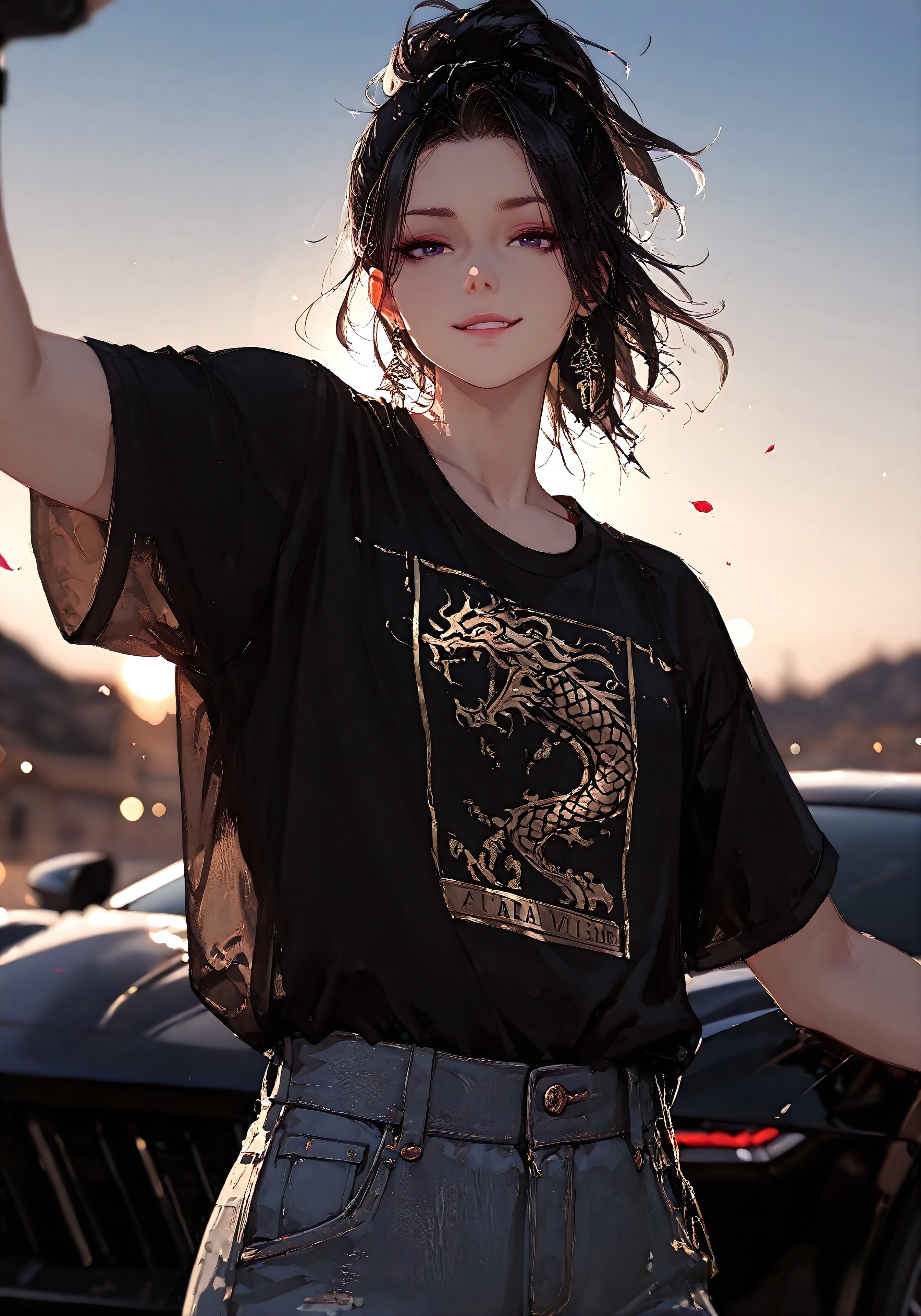 masterpiece, best quality, good quality, very aesthetic, absurdres, 
newest, 8K, depth of field, focused subject,visual storytelling,dynamic composition,
close up, stylized, scenery, bokeh,blurred background, 
Black Myth Wukong, male sun wukong, 
chinese mythology,( dynamic pose:1.3), smirking face,
upper body focus,
casual clothes, wearing luxurious jeans and luxurious black t-shirt with gothic design, expensive black watch
windblown hair, 
dramatic sky, mythic scale, sakura petals, mystic mist, 
cinematic composition, backlighting, volumetric light, symbolic environment, god-tier illustration,(sketch:1.3), in front of a lamborghini aventador (car is black, chrome carbon fiber details) different camera angels, lots of possible poses, charismatic look, dark valley entrance, at night