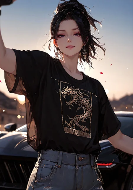 masterpiece, best quality, good quality, very aesthetic, absurdres,
newest, 8K, depth of field, focused subject,visual storytelling,dynamic composition,
close up, stylized, scenery, bokeh,blurred background,
Black Myth Wukong, male sun wukong,
chinese mythology,( dynamic pose:1.3), smirking face,
upper body focus,
casual clothes, wearing luxurious jeans and luxurious black t-shirt with gothic design, expensive black watch
windblown hair,
dramatic sky, mythic scale, sakura petals, mystic mist,
cinematic composition, backlighting, volumetric light, symbolic environment, god-tier illustration,(sketch:1.3), in front of a lamborghini aventador (car is black, chrome carbon fiber details) different camera angels, lots of possible poses, charismatic look, dark valley entrance, at night